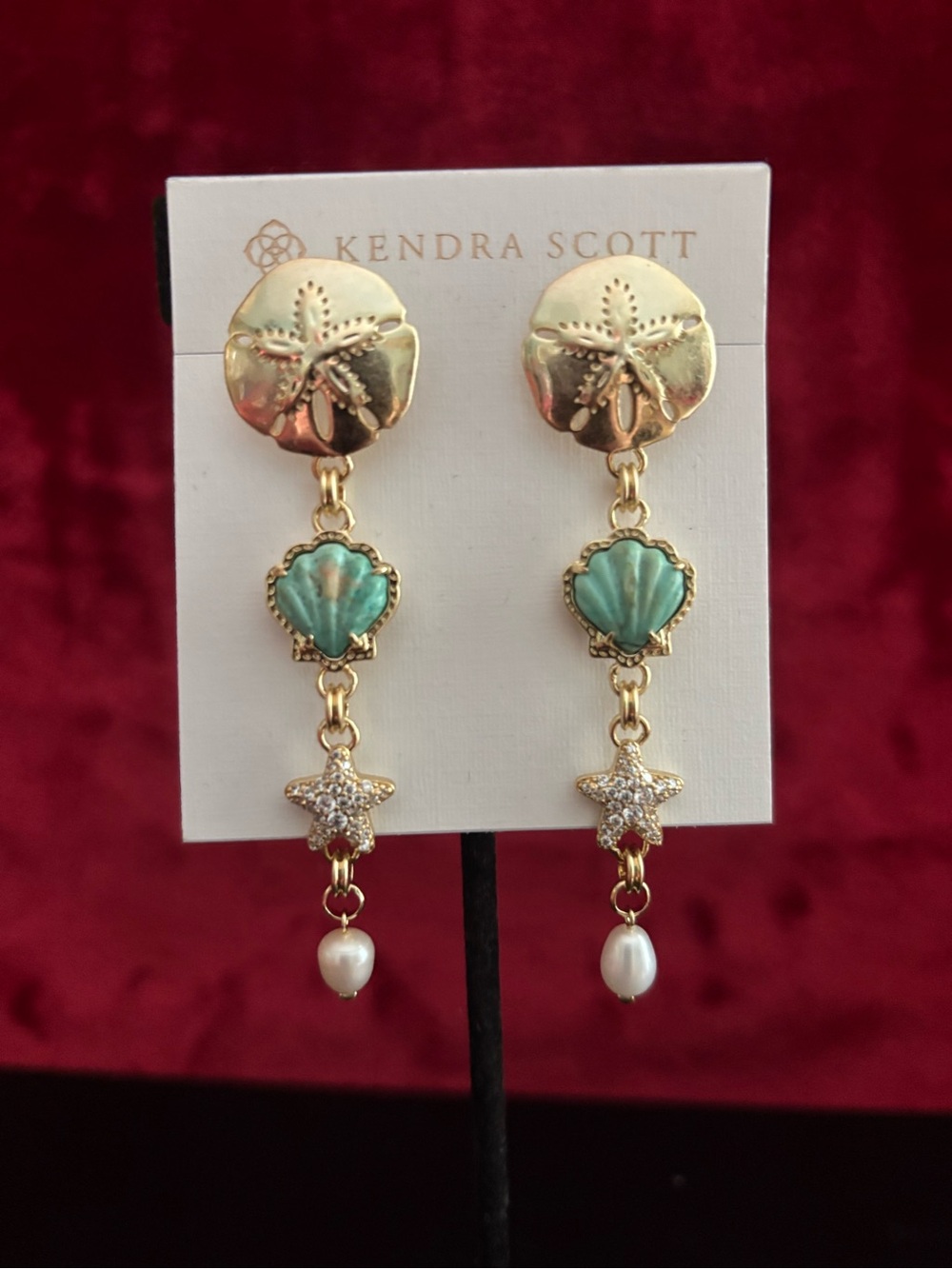 Kendra Scott Gold and Aqua Shell Dangle Earrings with Pearl Drops